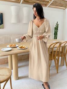 Serisse 女式纯色V领休闲百搭长袖中长连衣裙 - 杏色 - 查看 5