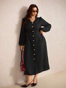 Elaquor Robe élégante à manches lanternes et boutons devant pour femmes grandes tailles - Noir - Voir 1