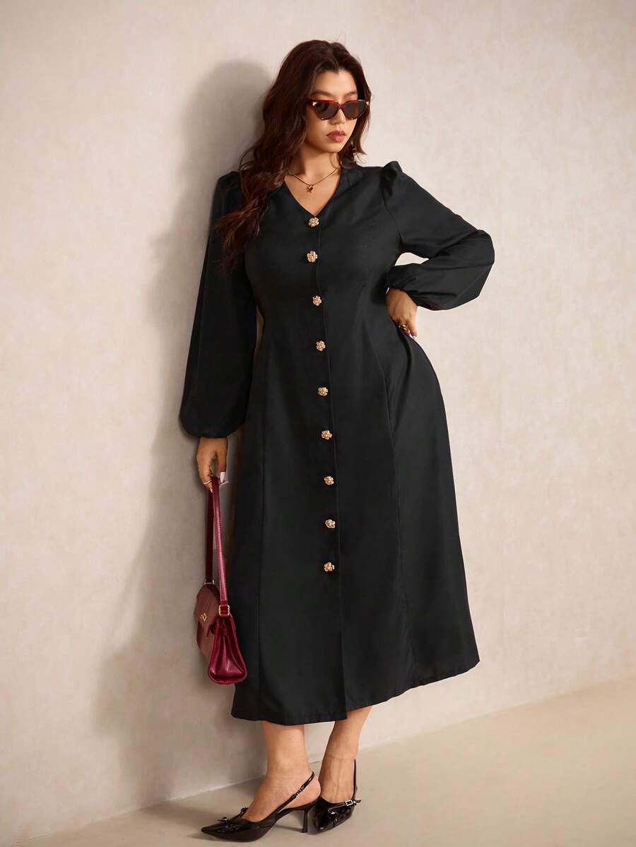 Elaquor Robe élégante à manches lanternes et boutons devant pour femmes grandes tailles - Noir - Voir 1
