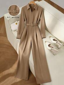 SHEIN Franclia 女士时尚休闲百搭衬衫领长袖系带阔腿连体裤，秋季 - 卡其色 - 查看 1