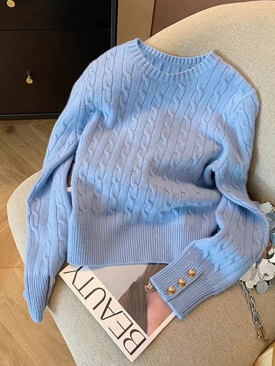 Resyla Femmes grande taille col rond manches longues pull tricoté décontracté, automne/hiver - Bleu azur - Voir 1