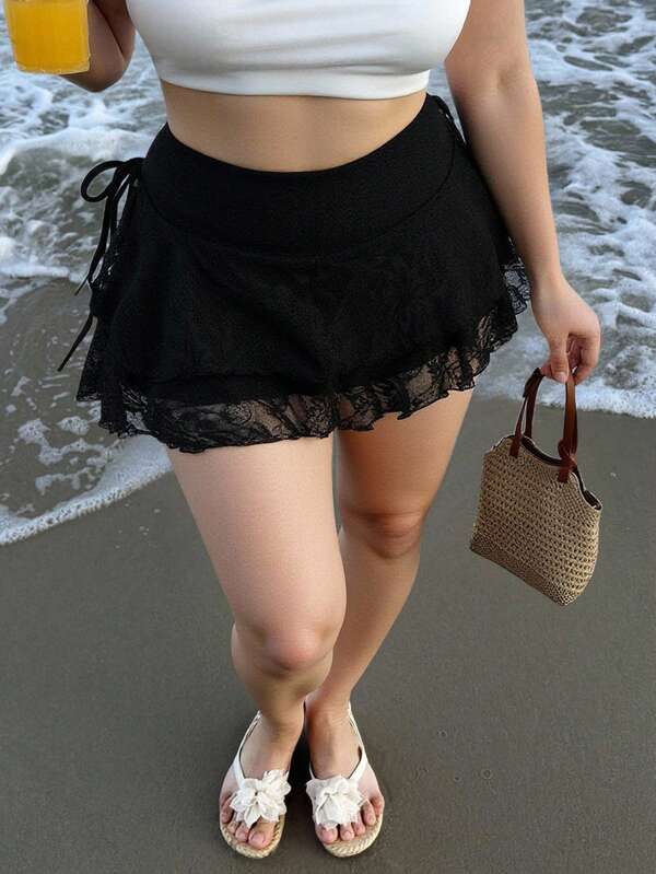 Veykashi Jupe évasée à taille nouée avec dentelle contrastée pour femmes grandes tailles