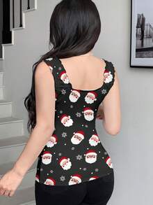Modelyn Santa Claus & Snowflake Cartoon Print Digital Knit Bow Decor Women Camisole