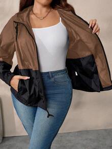 EMERY ROSE Chaqueta casual con capucha, cordón y cremallera de bloques de color para mujer de talla grande - Marrón - Ver 3