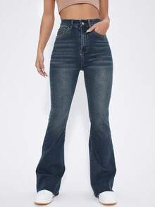 SHEIN ICON Jeans de pierna acampanada de cintura alta en azul denim lavado - Azul lavado oscuro - Ver 5