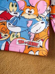TOM & JERRY X SHEIN 2pcs Young Boy Cute Cartoon Pattern Crew Neck Long Sleeve Top And Pants Knit Casual High Stretch Snug Fit Pajama Set - Multicolor - View 4