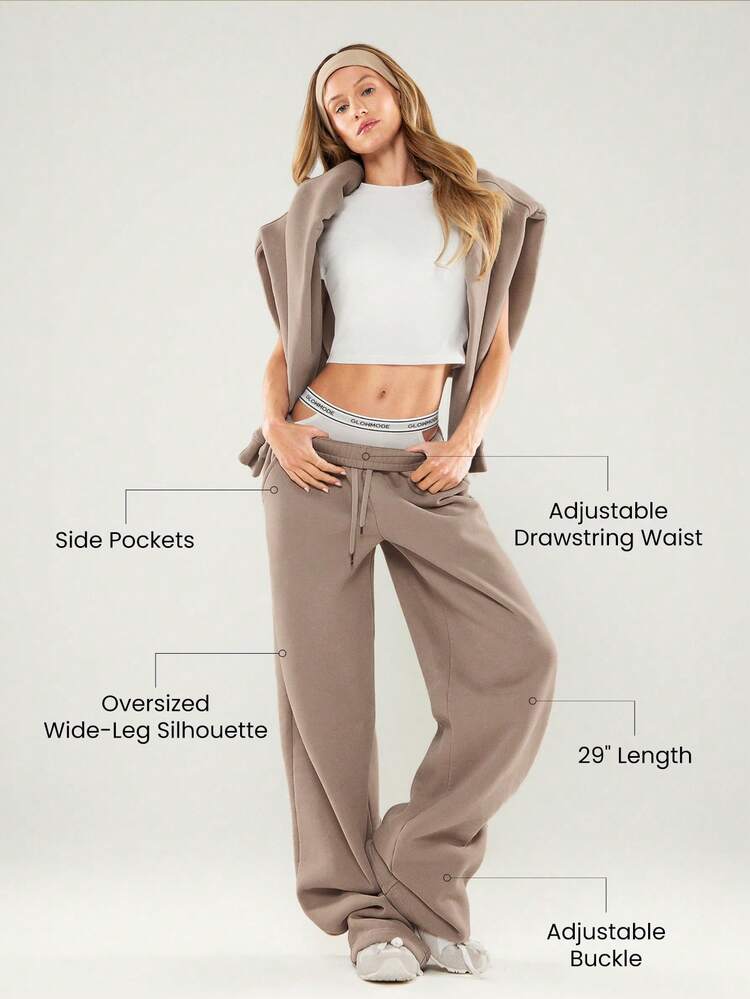 Pantalon de jogging ample en molleton épais avec taille ajustable à cordon de serrage, jambes larges, poches latérales, pour un usage quotidien et décontracté. Thermique et chaud pour l'hiver.