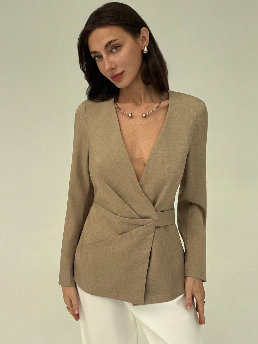 Aloruh Women's Solid Color Deep V-Neck Long Sleeve Pleated Waist Casual Blazer - Apricot - View 1