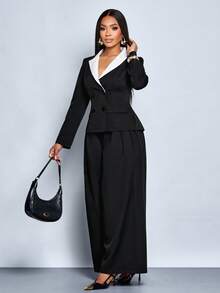 SOLERSUN Traje de dos piezas de chaqueta y pantalones holgados de estilo casual diario para mujer, con contraste elegante y delgado de negro y blanco, de manga larga y doble botonadura, para otoño e invierno