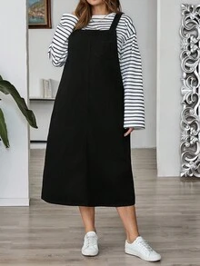 SHEIN CURVE+ Plus Size Solid Color Women Sleeveless Loose Casual Versatile Denim Dress,Christmas,Halloween,Stylish Commuter,Casual For Autumn/Winter,Casual Minimalist Basic , Suitable For Autumn/Winter , Suitable For Vacation, Party, Date, Gathering,Casual Versatile Suitable For Christmas, Halloween, Back To School, Vacation, Office Wear