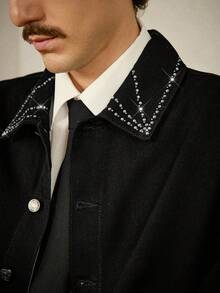 RivetRise Men's Premium Rhinestone Embellished Front Button Long Sleeve Denim Jacket OVERSIZE Rhinestone Black New Year Party Denim Trucker Jacket For Couples - Black - View 3