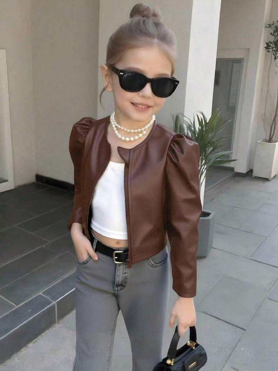 青少年女孩休闲 PU 皮革拉链圆领泡泡袖夹克，秋季 - 棕色 - 查看 1