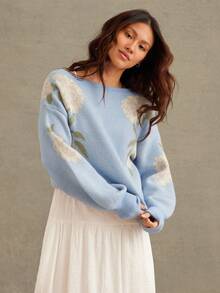 WESTFADE 春季西部牛仔女花提花船领长袖针织毛衣 - 藍色 - 查看 3