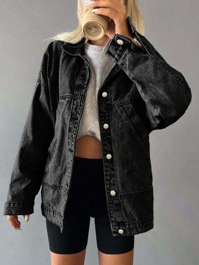 ZIRRA Veste en jean ample à manches longues et épaules tombantes, style décontracté, à simple boutonnage, pour l'automne