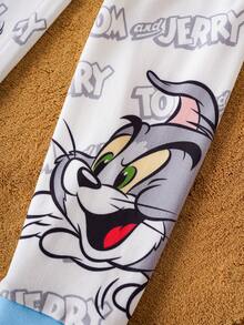 TOM & JERRY X SHEIN 2件套小男孩卡通图案撞色圆领长袖上衣和裤子休闲弹力舒适睡衣套装 - 藍白色 - 查看 7