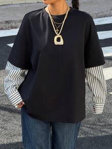 Muchica Women's New 2 In 1 Round Neck Loose Long Sleeve T-Shirt,Fall,Fall Clothes For Women - Black - View 4