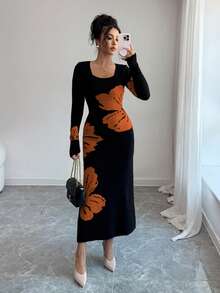 Elenzga Elegant Square Neck Jacquard Knit Bodycon Dress, Autumn/Winter - Brown - View 4