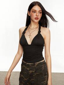 SHEIN SXY Women's Solid Color Sexy Twist Halter Backless Tank Top