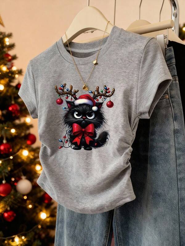 Teen Girl Christmas Cute Black Cat & Antler Lights Print Gray Short Sleeve T-Shirt, Holiday Casual Comfortable Sweatshirt, Fall Clothing, Leisure Wear, Autumn Fashion Item, Girls Apparel, Gray Christmas Cute Black Cat & Antler Print Top, Holiday Outfit, Collegiate Style, Fashionable Versatile Tops, Suitable For Outdoor Picnic, Street Photography, Campus Use, Style, Adorable Versatile, Girly, Street , Suitable For School, Shopping, Workout And Various Occasions