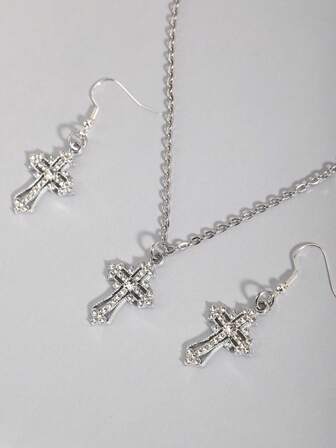 Kawaii 1 pièce Collier croix strass + 1 paire de boucles d'oreilles croix strass, ensemble de bijoux personnalisé élégant et de haute qualité avec pendentif croix strass, convient pour le port quotidien, les vacances, les cadeaux