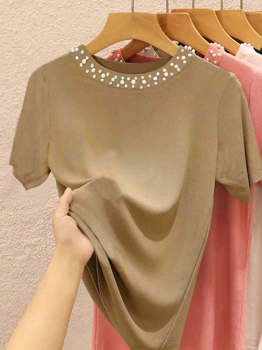 INAWLY 大码优雅仿珍珠缀饰基本款 T 恤上衣 - 棕色 - 查看 1
