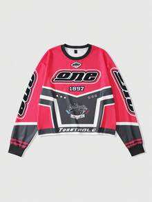 ROMWE MEN Prep Men's Casual Round Neck Long Sleeve T-Shirt With Letter Print, Retro Street Style - Multicolor - View 1