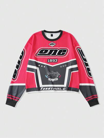 Street Life قميص كاجوال بياقة مستديرة وأكمام طويلة مطبوع عليه حرف، بطراز شارع رجعي