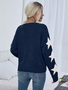 EMERY ROSE Women's Loose Fit Crew Neck Drop Shoulder Long Sleeve Jacquard Star Pattern Sweater, Casual For Autumn/Winter - Navy Blue - View 2