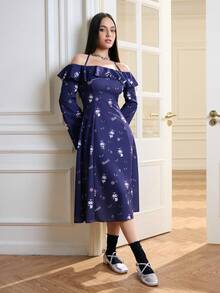 HELLO KITTY AND FRIENDS | SHEIN Women's Elegant Off Shoulder Ruffle Sleeve Belted Floral Print Dress, Suitable For Spring And Autumn Off Shoulder Dresses For Woman Blue Flower Dress Blue Off Shoulder Dress Women Blue Dress - Purple - View 4