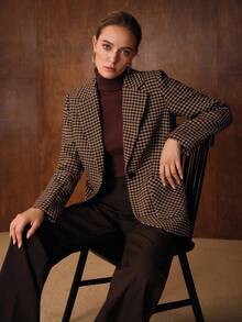 MOTF PREMIUM 配腰带缺口领千鸟格西装外套 - 棕色 - 查看 6