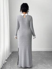 Elenzga Plus Size Elegant Long Sleeve Patchwork Collar Knit Split Dress - Grey - View 2