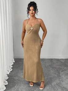 Elenzga Váy quấn màu trơn họa tiết thanh lịch cỡ lớn cho nữ, váy bó sát bodycon dây mảnh buộc eo có khóa kim loại trang trí - Màu Khaki - Xem 4