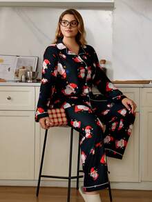 SHEIN Set pijamale cu cardigan și pantaloni cu guler răsturnat, mărime mare, Crăciun - Negru - Vizualizare 1