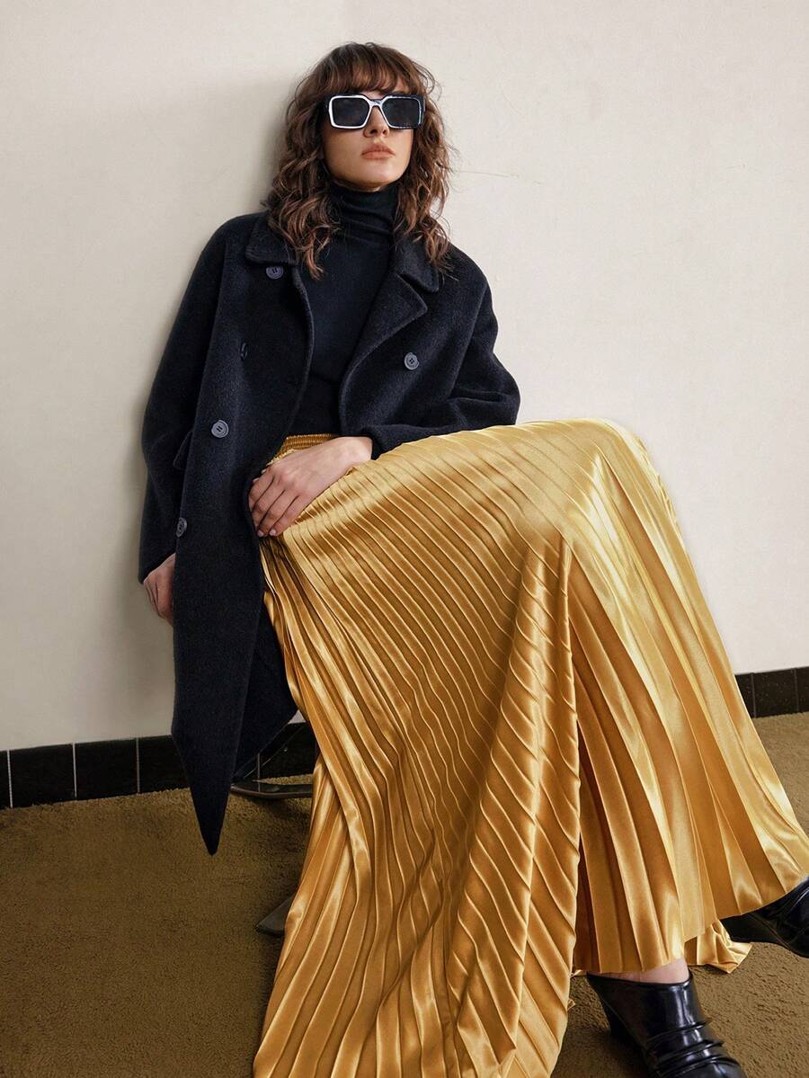 Ontre Váy nữ lưng thun xếp ly màu trơn thanh lịch đa năng giản dị - Màu Khaki - Xem 1