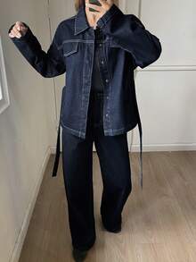 DAZY 女式休闲水洗仿口袋腰带衬衫和阔腿牛仔裤套装，秋季 - 藍色 - 查看 3