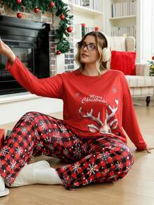 SHEIN Conjunto de Pijama de Top de Manga Longa e Calça com Estampa de Cervo, Xadrez e Floco de Neve para Mulheres Plus Size, Roupas de Outono e Inverno - Vermelho - Visão 4
