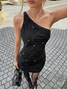 Siren Gaze New Year Christmas Sequin Women's Fashionable & Elegant Pearl Embellished Mini Dress Party Black Summer - Black - View 2