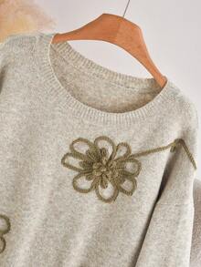 CosyJoli Plus Size Elegant French Style Casual Jacquard Floral Embroidered Crew Neck Pullover Sweater Top For Women/Winter Flower - Khaki - View 4