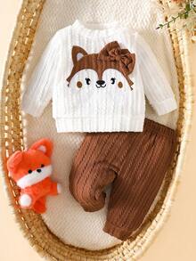 SHEIN 秋季新款女宝宝新生儿白色刺绣长袖上衣搭配粉色裤子2件套休闲简约时尚百搭 - 棕色 - 查看 2