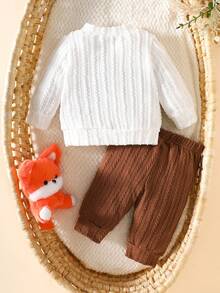 SHEIN 秋季新款女宝宝新生儿白色刺绣长袖上衣搭配粉色裤子2件套休闲简约时尚百搭 - 棕色 - 查看 3