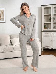 Lazeform 女士翻领针织长袖睡衣套装，秋冬季服装 - 卡其色 - 查看 5