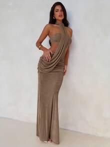 Aloruh Women's Spring/Summer Vacation Wrap Asymmetric Flowy Maxi Mermaid Bodycon Dress,For Vacation,Party,Dating - Khaki - View 5
