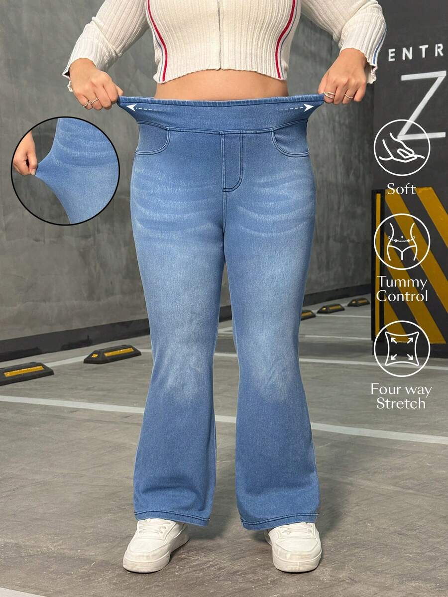 Flexra Plus Size Women Casual Versatile Washed Knit Pants - Light Wash - View 1