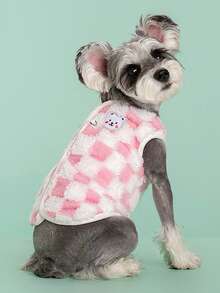 PETSIN 1pc Pink Plush Pet Padded Vest, Warm And Cozy Checkered Pattern, For Autumn/Winter - Pink - View 2