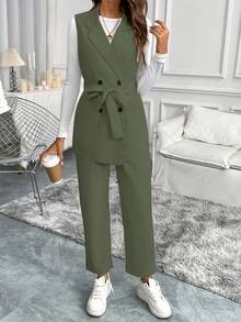 SHEIN Clasi 女式系腰长背心，简约西装套装 - 橄欖綠 - 查看 4
