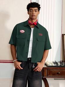 SWAVVY 男士数字刺绣短袖单排扣休闲工装口袋衬衫 - 軍綠色 - 查看 4