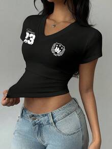 SHEIN EZwear Women's Casual V-Neck Ruched T-Shirt, Suitable For Summer,Graphic Tees Spring - Black - View 4