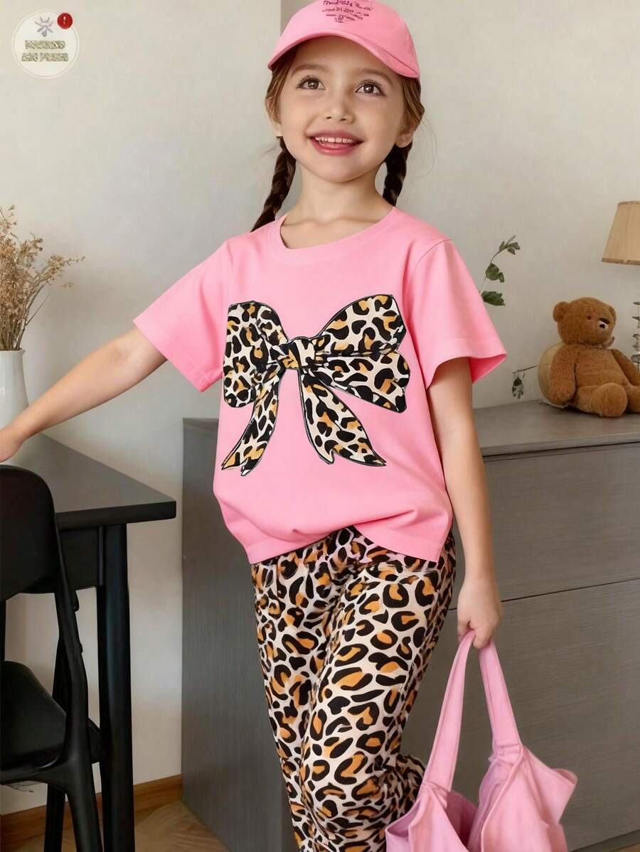 Elladie kids Conjunto de camiseta y pantalones casuales para niñas bebé, con parte superior de manga corta con cuello redondo y estampado de lazos en blanco, y pantalones casuales con estampado de leopardo, para primavera/verano