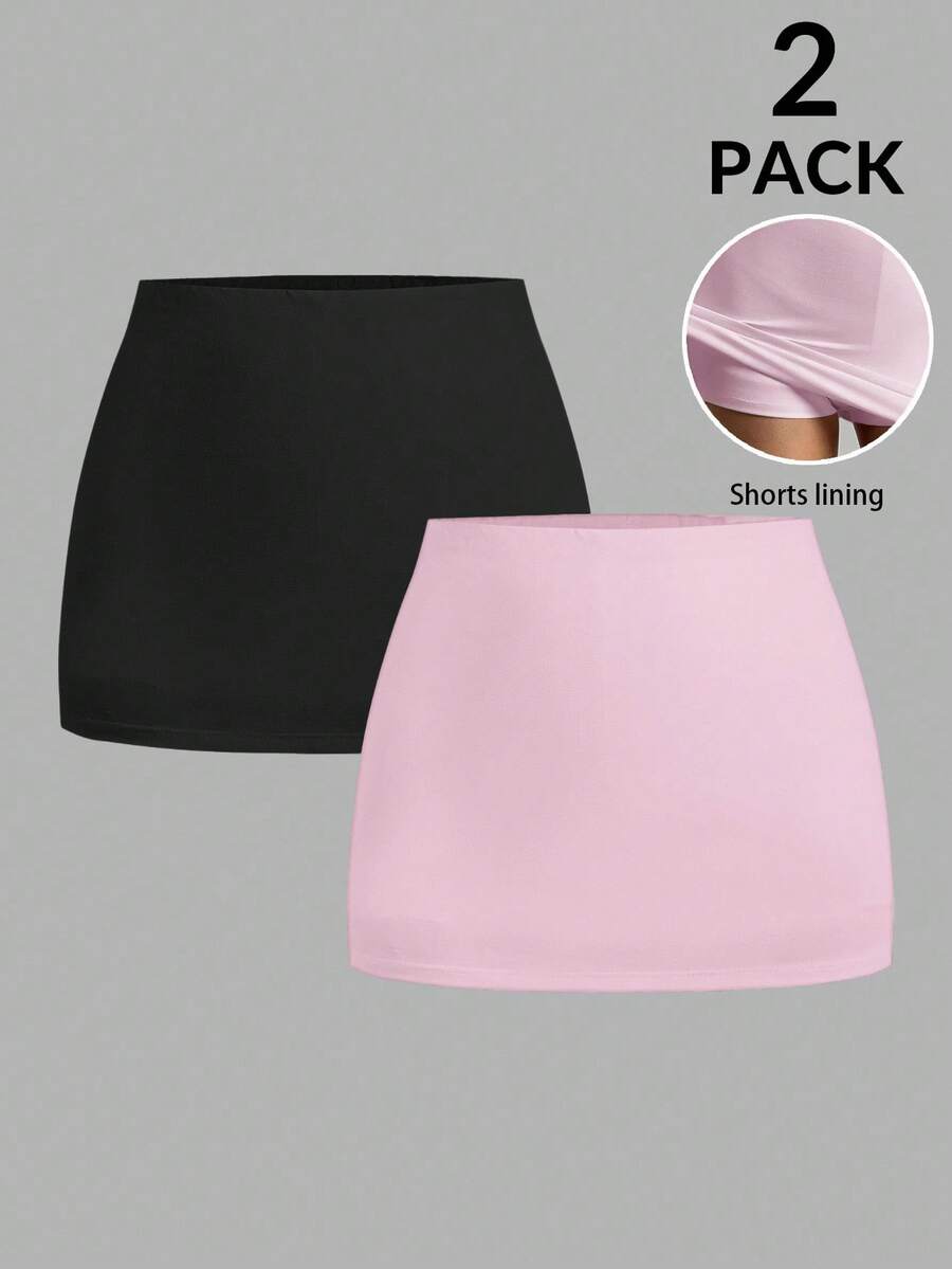 SHEIN EZwear Pink And Black 2 Packs Bodycon Mini Skirts For Women Casual Plain Knitted With Shorts Lining - Pink - View 1