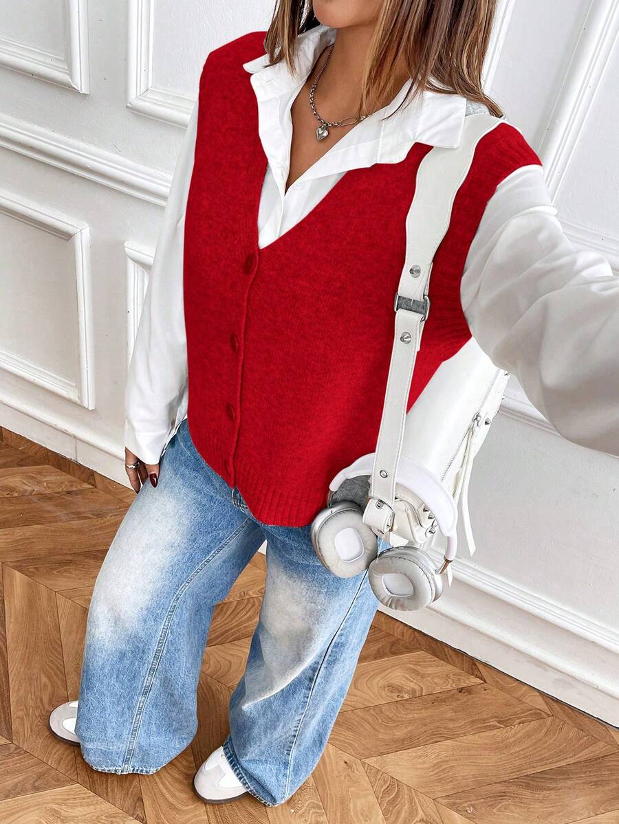 Chiquease 女士纯色前扣休闲宽松背心开衫 - 寶藍色 - 查看 1